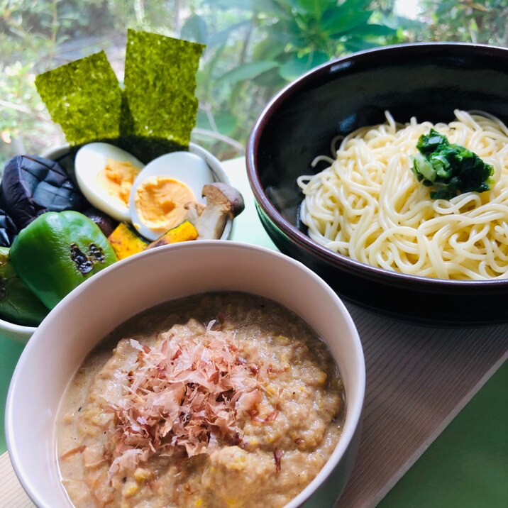 ★かぼちゃのサバ味噌ポタージュつけ麺★簡単、サバ缶